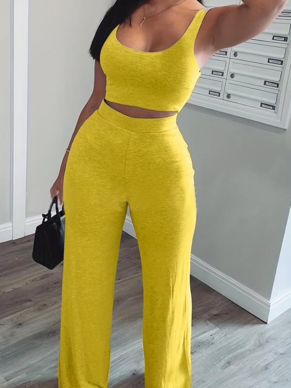 Casual Workout 2 Pieces Set Tank Top & Wide Leg Pants Women's Clothing
