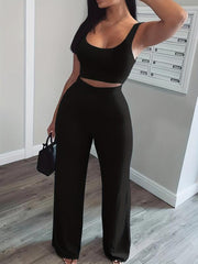 Casual Workout 2 Pieces Set Tank Top & Wide Leg Pants Women's Clothing