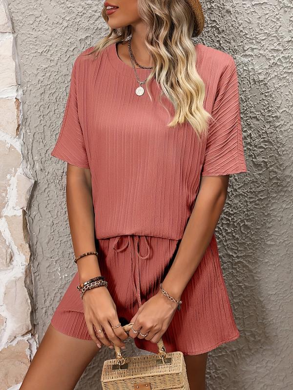 Waffle Two Pc Set Crew Neck Tee & Shorts