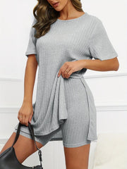 Solid Ribbed Two piece Set Short Sleeve Split Tee & Slim Shorts