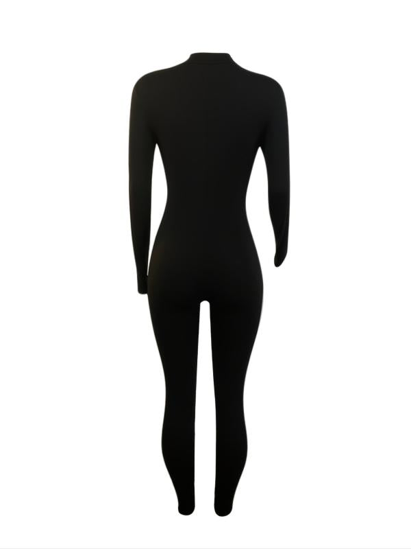 Solid Skinny Zip Up Jumpsuit Casual Long Sleeve Stretchy Jumpsuit