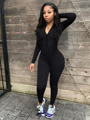 Solid Skinny Zip Up Jumpsuit Casual Long Sleeve Stretchy Jumpsuit