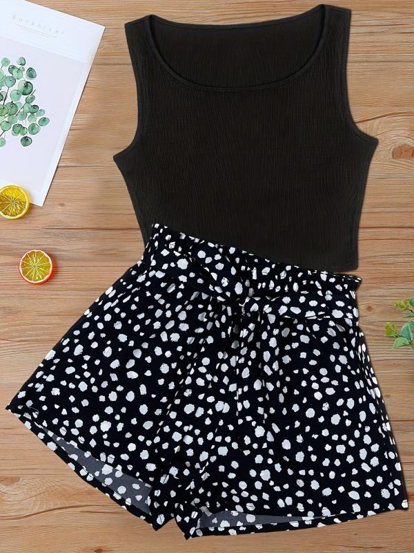 Tank Top & Dalmatian Print Shorts Set Women's Outfit