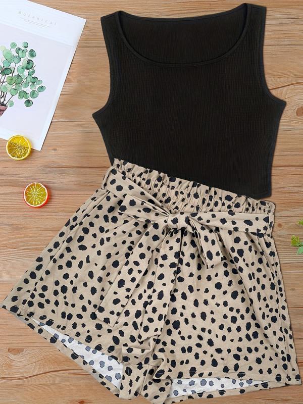 Tank Top & Dalmatian Print Shorts Set Women's Outfit