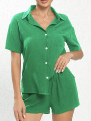 Casual Two piece Set Button Front Short Sleeve Shirt & Elastic Waist Shorts Outf