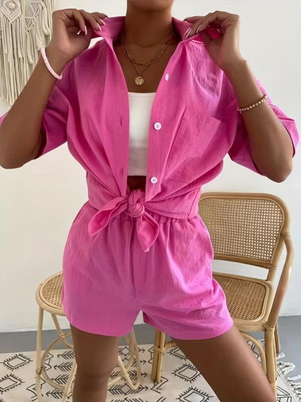 Casual Two piece Set Button Front Short Sleeve Shirt & Elastic Waist Shorts Outf
