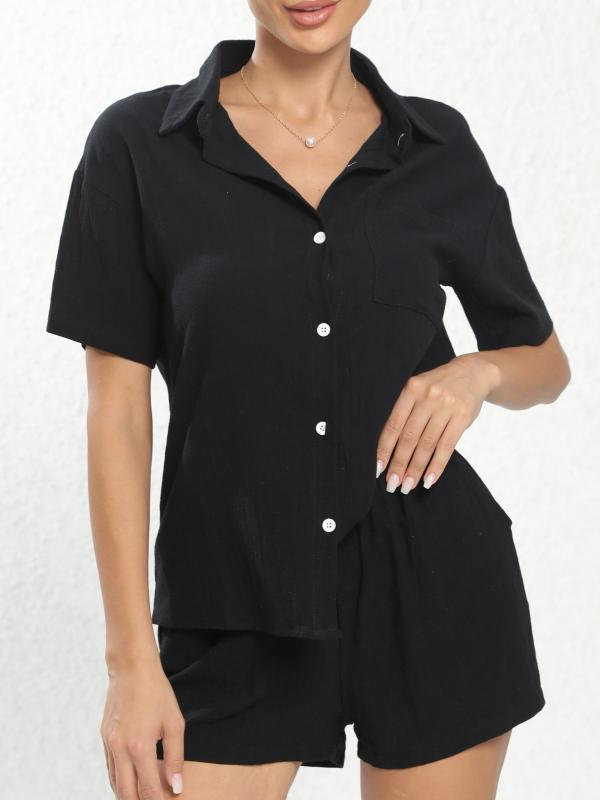 Casual Two piece Set Button Front Short Sleeve Shirt & Elastic Waist Shorts Outf