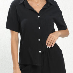 Casual Two piece Set Button Front Short Sleeve Shirt & Elastic Waist Shorts Outf