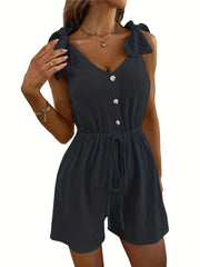 Drawstring Waist Button Front Romper Casual Bow Strap Romper Jumpsuit Women