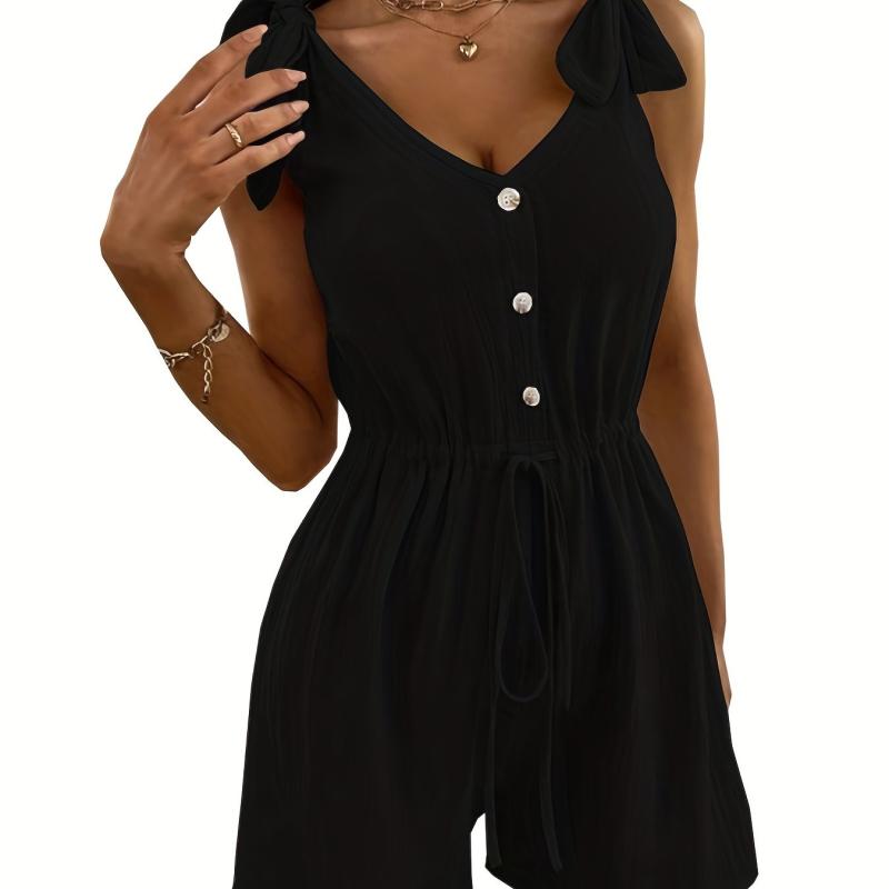 Drawstring Waist Button Front Romper Casual Bow Strap Romper Jumpsuit Women