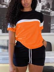 Casual Block 2pc Set Short Sleeve T shirt & Drawstring Shorts