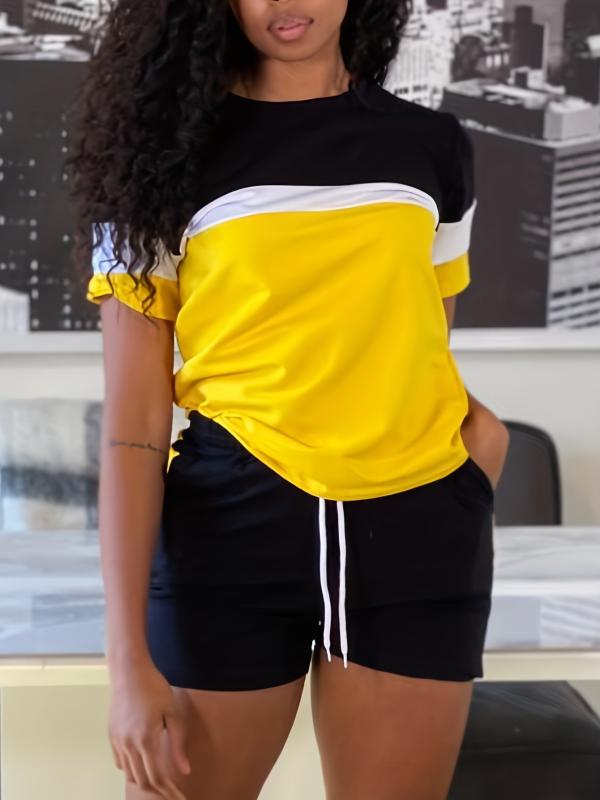 Casual Block 2pc Set Short Sleeve T shirt & Drawstring Shorts