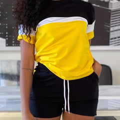 Casual Block 2pc Set Short Sleeve T shirt & Drawstring Shorts