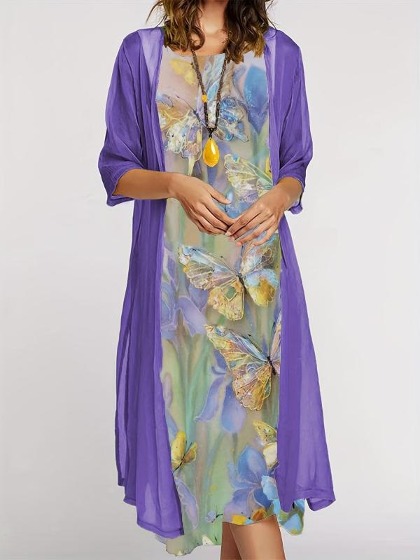 Casual Print 2 Piece Set: Crewneck Long Dress & Long Sleeve Cardigan