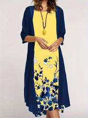 Casual Print 2 Piece Set: Crewneck Long Dress & Long Sleeve Cardigan