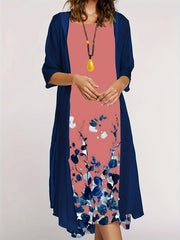 Casual Print 2 Piece Set: Crewneck Long Dress & Long Sleeve Cardigan