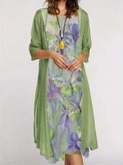 Casual Print 2 Piece Set: Crewneck Long Dress & Long Sleeve Cardigan