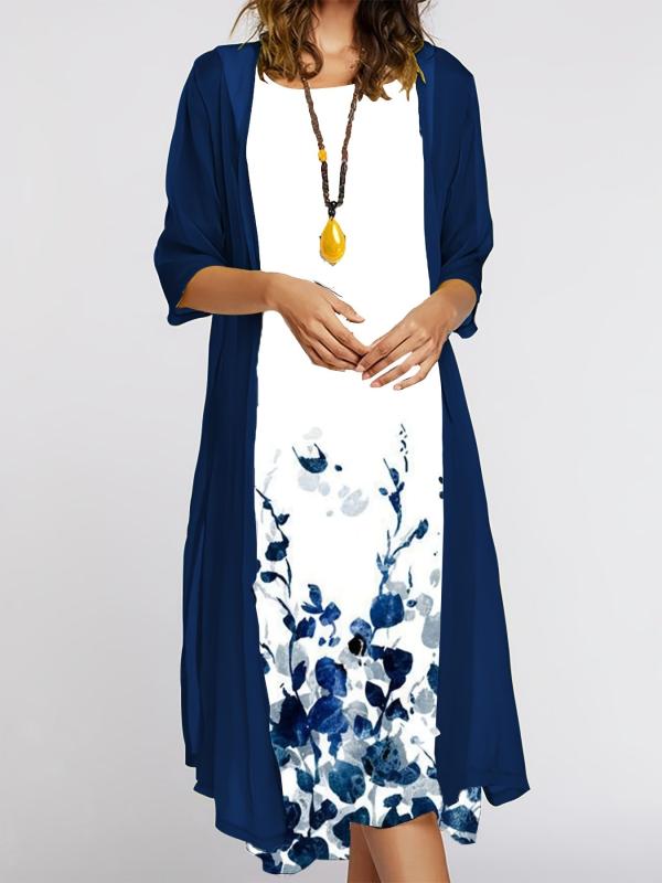Casual Print 2 Piece Set: Crewneck Long Dress & Long Sleeve Cardigan