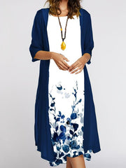 Casual Print 2 Piece Set: Crewneck Long Dress & Long Sleeve Cardigan