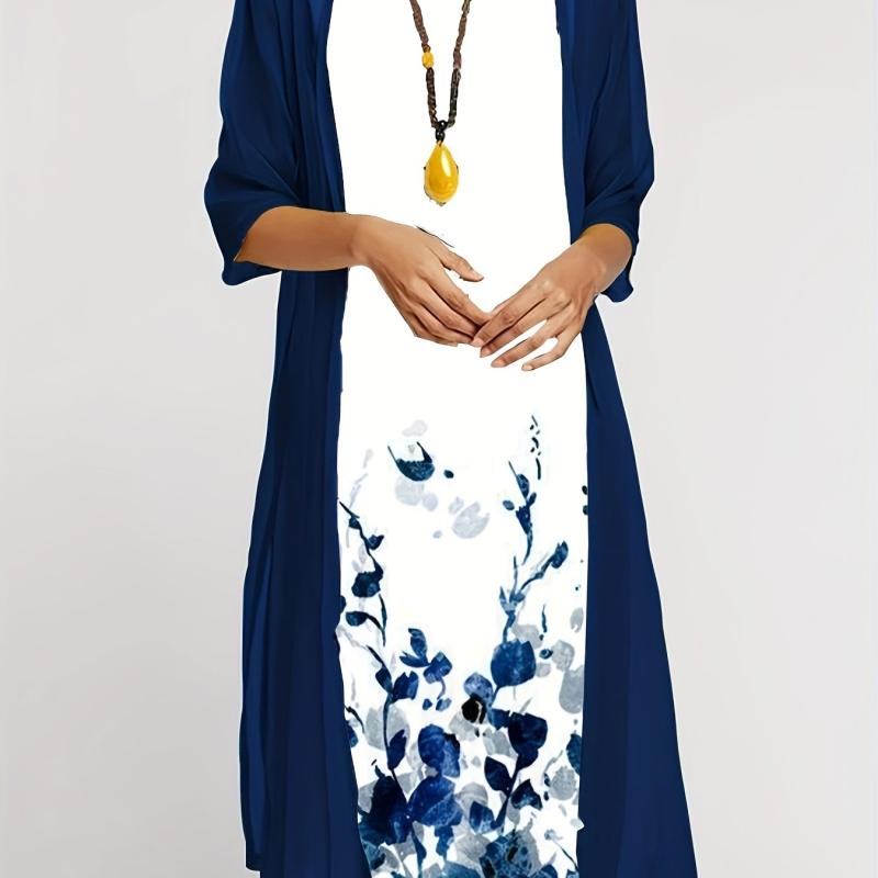 Casual Print 2 Piece Set: Crewneck Long Dress & Long Sleeve Cardigan