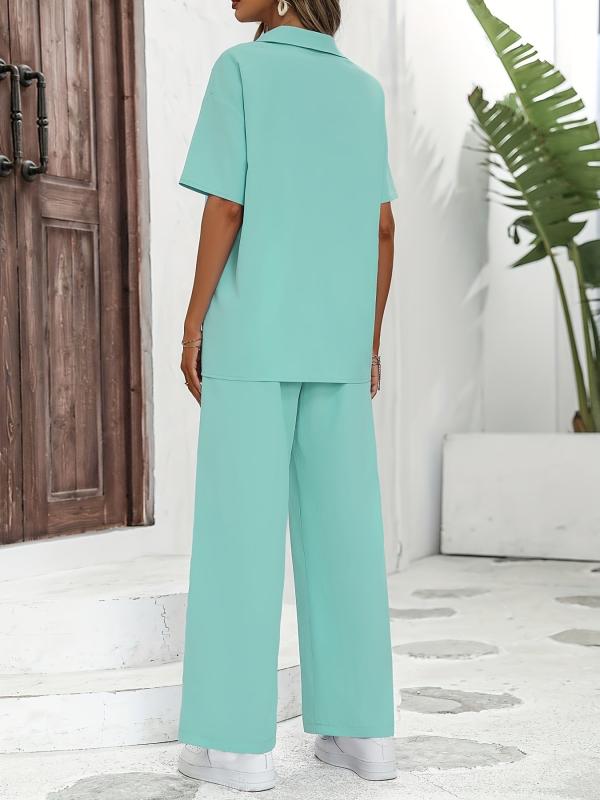 Casual Two Piece Set Short Sleeve Blouse & Wide Leg Pants Outfits