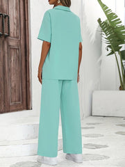 Casual Two Piece Set Short Sleeve Blouse & Wide Leg Pants Outfits