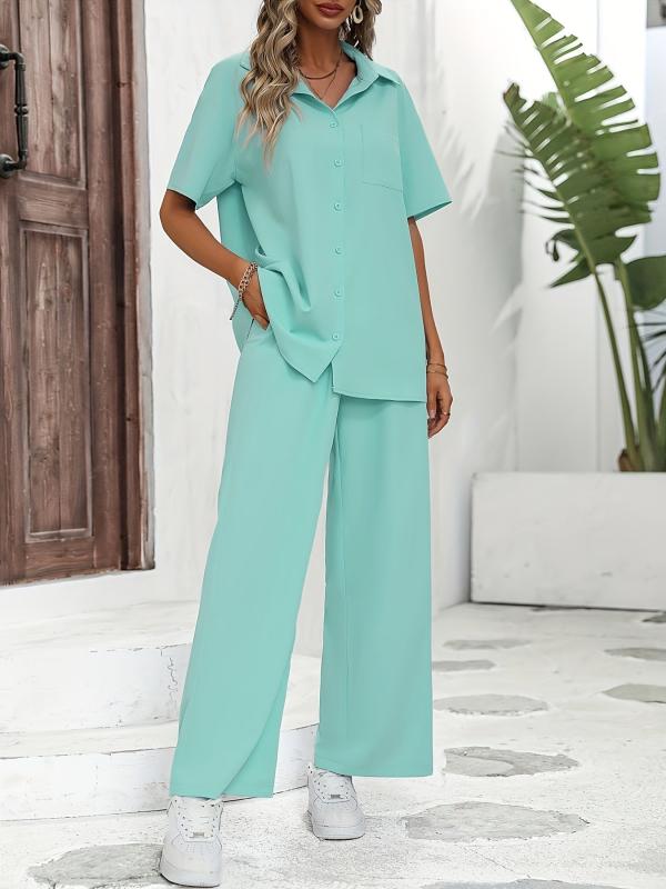 Casual Two Piece Set Short Sleeve Blouse & Wide Leg Pants Outfits