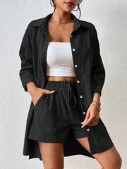 Casual Two Piece Set Button Front Collar Shirt & Elastic Waist Shorts
