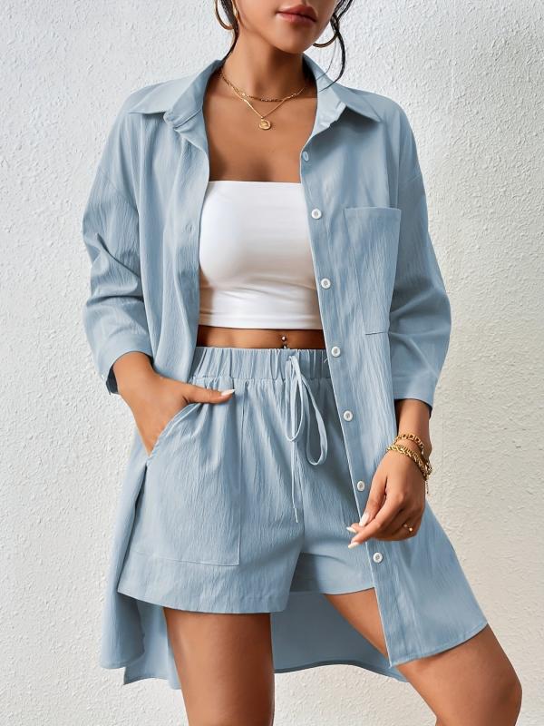 Casual Two Piece Set Button Front Collar Shirt & Elastic Waist Shorts