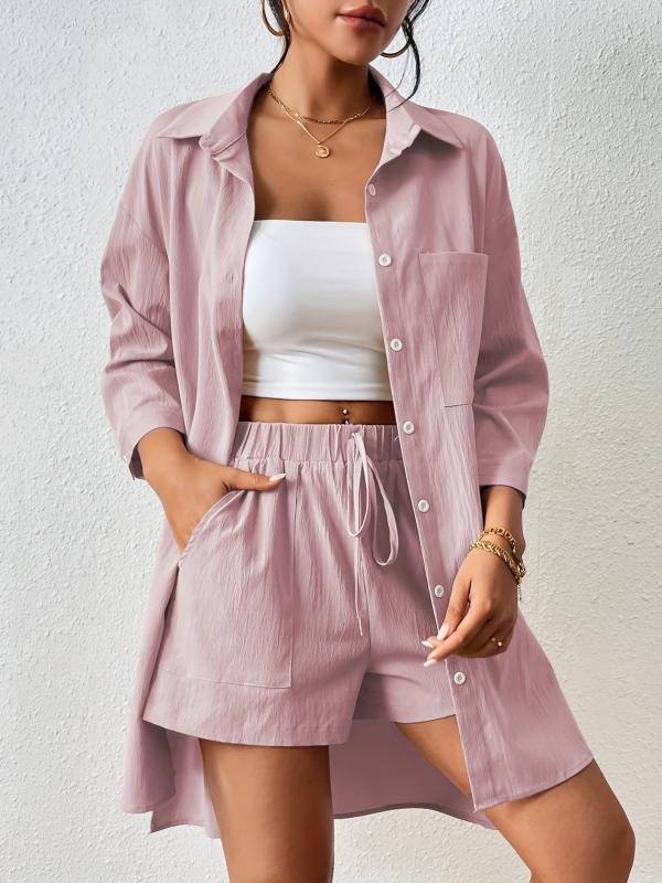 Casual Two Piece Set Button Front Collar Shirt & Elastic Waist Shorts