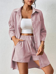 Casual Two Piece Set Button Front Collar Shirt & Elastic Waist Shorts