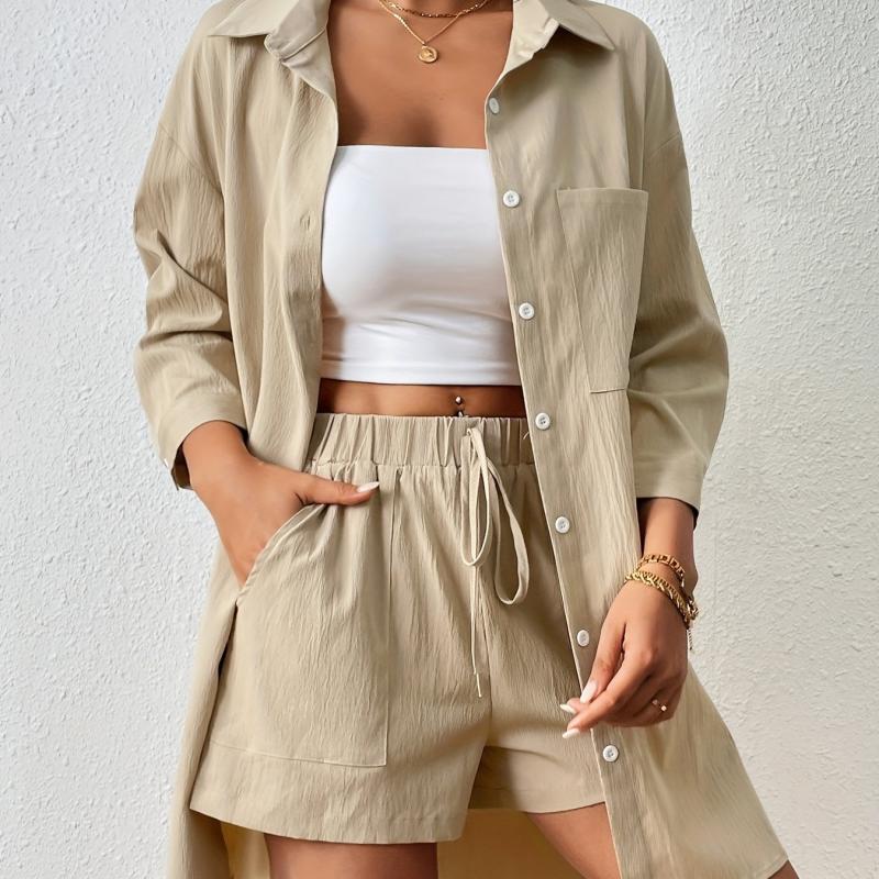Casual Two Piece Set Button Front Collar Shirt & Elastic Waist Shorts