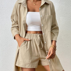 Casual Two Piece Set Button Front Collar Shirt & Elastic Waist Shorts