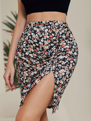 Floral Print Ruched Split Skirt Sexy Skirt For Spring & Summer