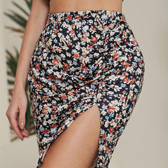 Floral Print Ruched Split Skirt Sexy Skirt For Spring & Summer