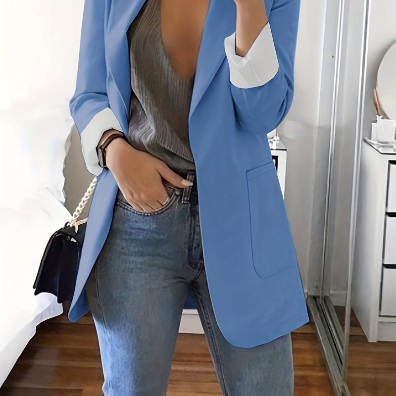 Solid Lapel Blazer Casual Long Sleeve Open Front Work Office Outerwear