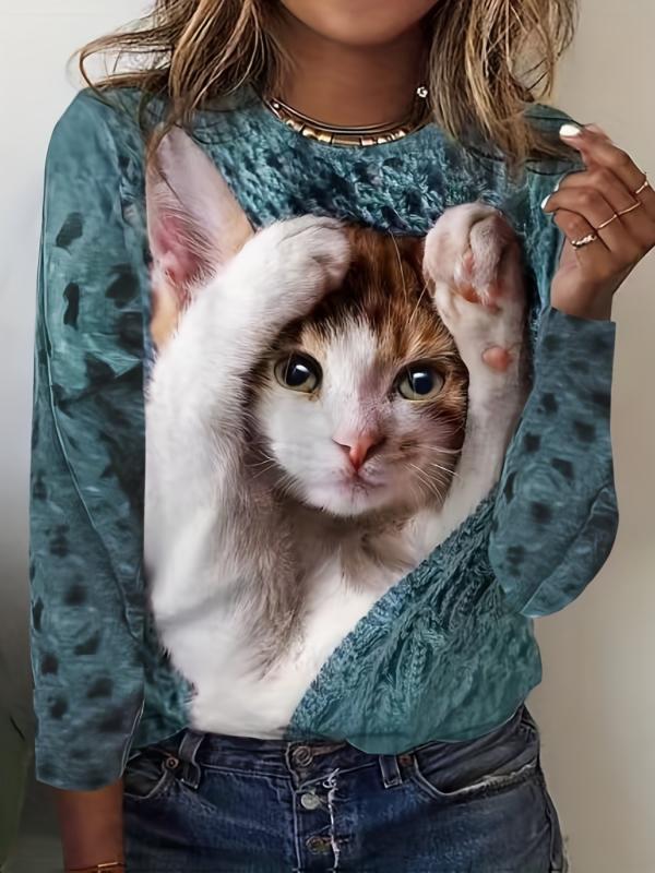 Zip & Cat Print Pullover Sweatshirt for Women