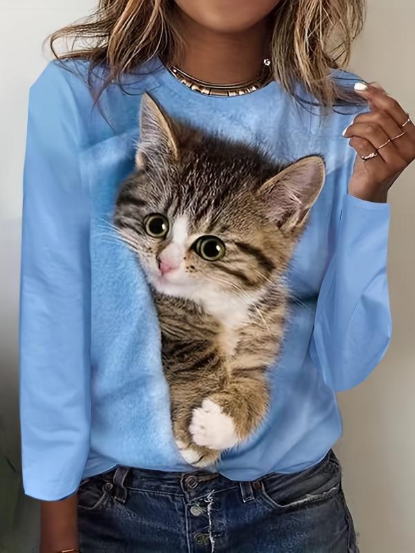 Zip & Cat Print Pullover Sweatshirt for Women