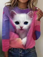 Zip & Cat Print Pullover Sweatshirt for Women
