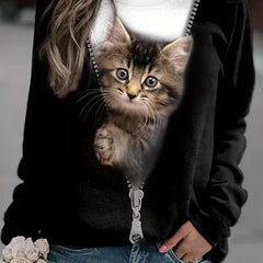 Zip & Cat Print Pullover Sweatshirt for Women