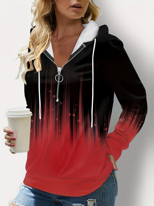 Gradient Print Quarter Zipper Front Hoodie Long Sleeve Drawstring Hoodie