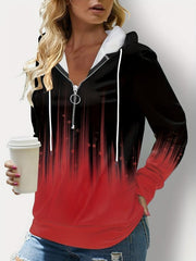 Gradient Print Quarter Zipper Front Hoodie Long Sleeve Drawstring Hoodie