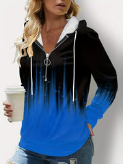 Gradient Print Quarter Zipper Front Hoodie Long Sleeve Drawstring Hoodie