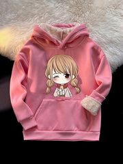 Girls Plush Warm Hoodie Cartoon Print Long Sleeve Pocket Pullover