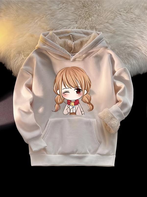 Girls Plush Warm Hoodie Cartoon Print Long Sleeve Pocket Pullover