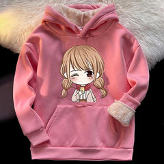 Girls Plush Warm Hoodie Cartoon Print Long Sleeve Pocket Pullover