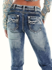 Vintage Wash Boot Cut Jeans with Top Stitching