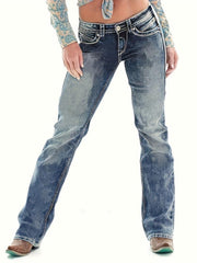 Vintage Wash Boot Cut Jeans with Top Stitching