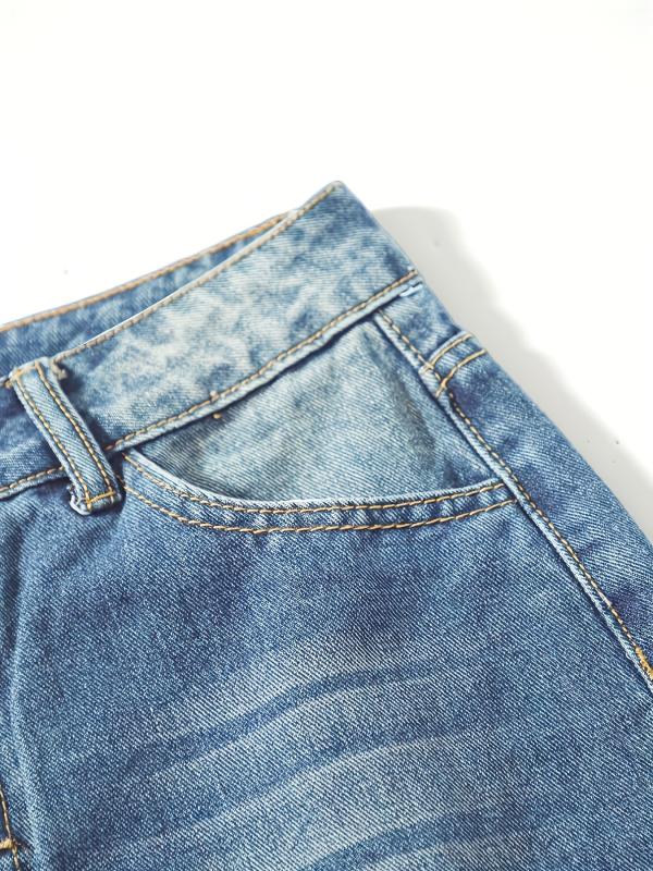 Loose Fit Straight Jeans Slash Pockets Single Breasted Button
