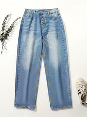 Loose Fit Straight Jeans Slash Pockets Single Breasted Button
